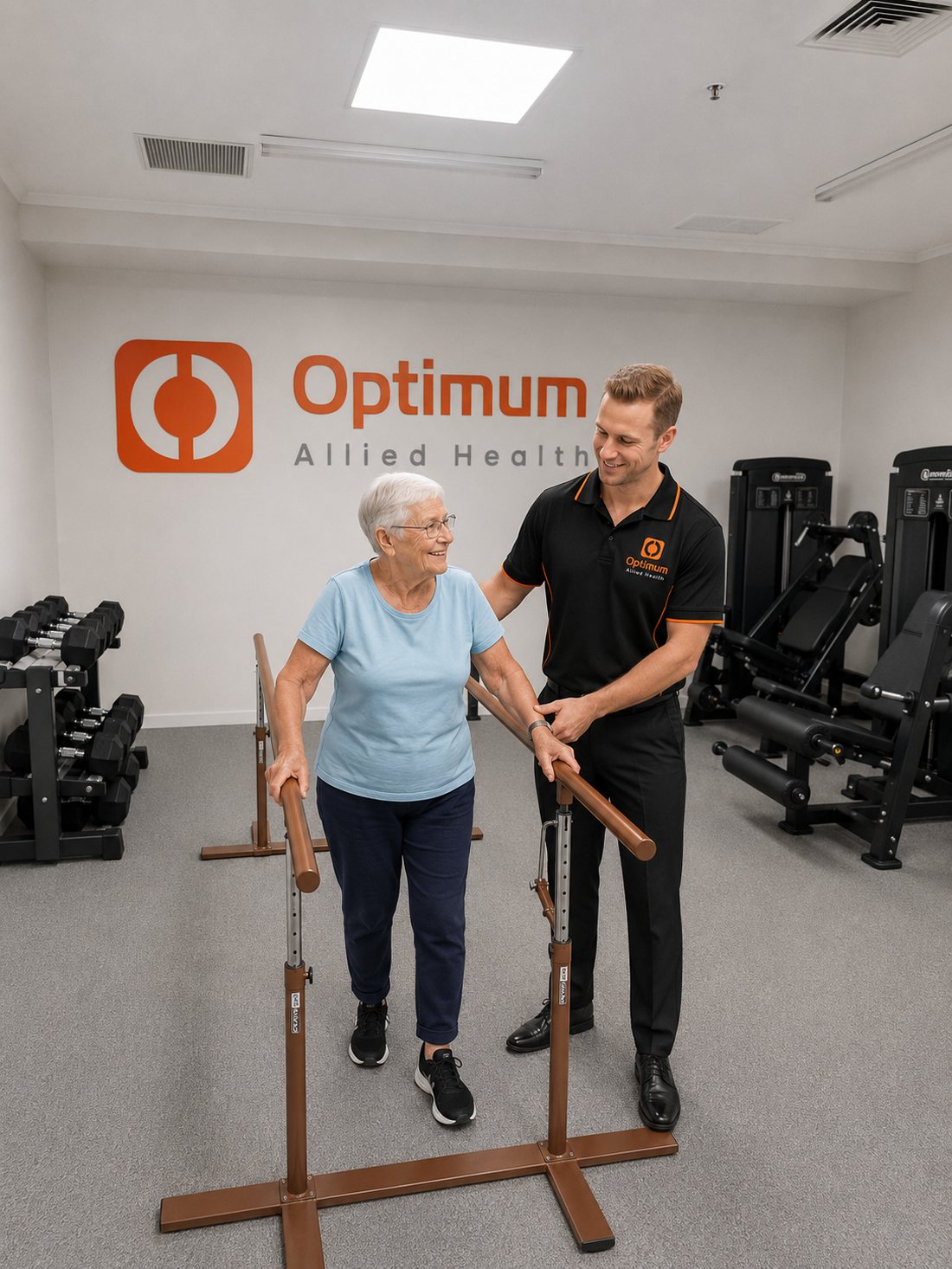 Optimum Allied Health physiotherapist supporting an older client at parallel bars in a branded rehabilitation gym