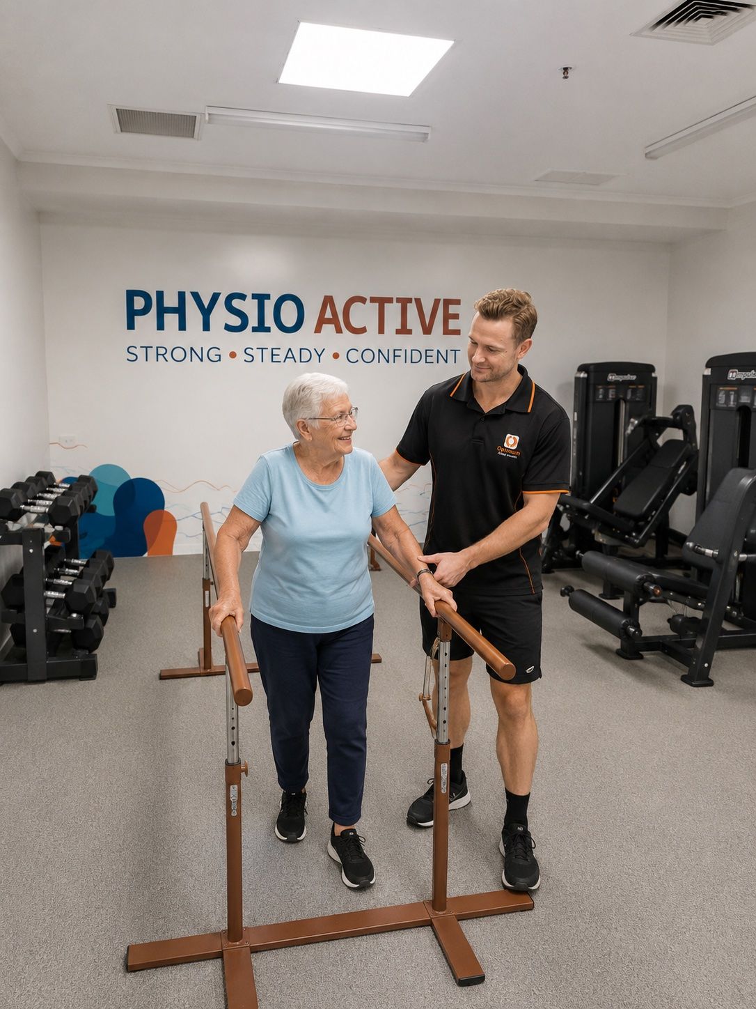 Optimum physiotherapist guiding an aged care resident through walking practice